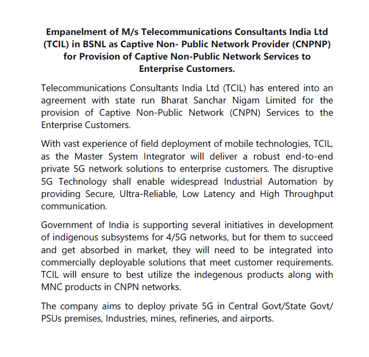 BSNL empanels Telecommunications Consultants India Ltd as Captive Non- Public Network Provider